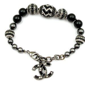 Chanel Gunmetal Art Deco Crystal Black Bead Bracelet